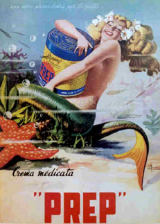mermaid, underwatr, star fish, sea shell, shaving cream, Italian poster, original poster