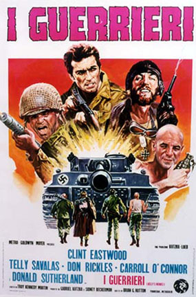Original movie poster, Italian format, linen backed. I Guerrieri, image of 3 men coming out of the top of a tank in large head format, 4 other people are standing on the ground facing the tank. Linen backed, fine condition, ready to frame.