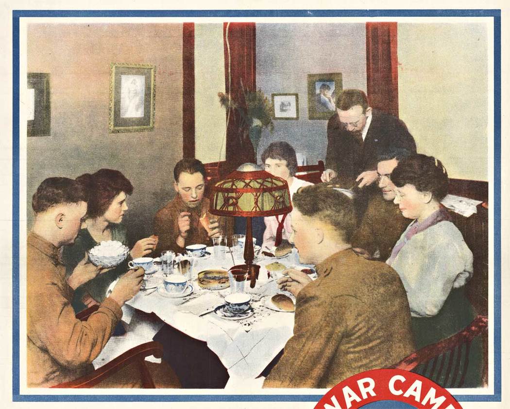 men at dining table eating, WW1 poster, linen backed, fine condition.