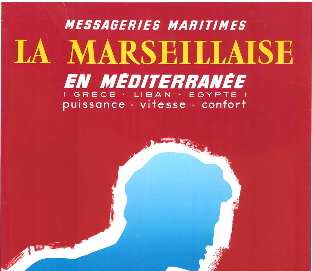 This antique original travel poster was created for the Messageries Maritimes, which was a French merchant shipping company founded in 1851. The ocean liner depicted here was called “La Marseillaise,” and was one of the largest and most luxurious cruise 