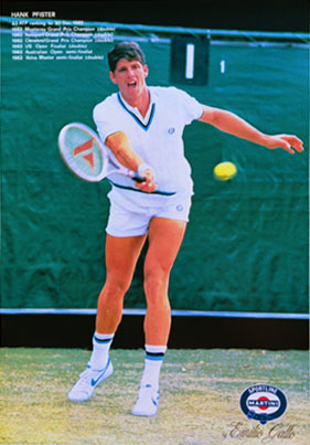 Original linen backed Hank Pfister playing tennis. <br>23 ATP ranking to 20 Dec. 1982 <br>1982 Monterey Grand Prix Champion (double) <br>1982 Newport Grand Prix Champion (double) <br>1982 Cleveland Grand Prix Champion (double) <br>1982 US Open Finalist (d