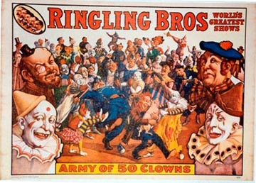 lots of clowns, linen backed, Ringling Bros, circus poster.
