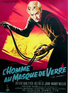 French movie poster, man holding robes, briht colors, woman laying down, lithograph, The Snorkel,