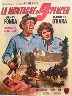 Face of Henry Fonda, Fae of Maureen O’Hara, love scene, ax, forest, mountains, river, French movie poster,