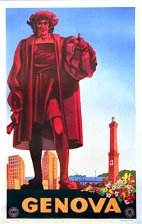 Christopher Columbus, city of Genova, ENIT travel poster, Italian, linen backed, fine condition.