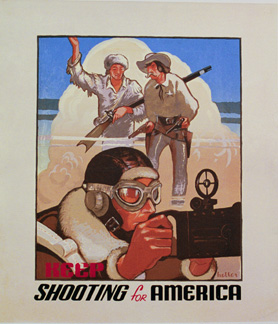 rare poster, linen backed, maquette, original artwork, gunman with machine gun, pioneers,