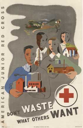 children holding buildings, red cross, war poster, original
