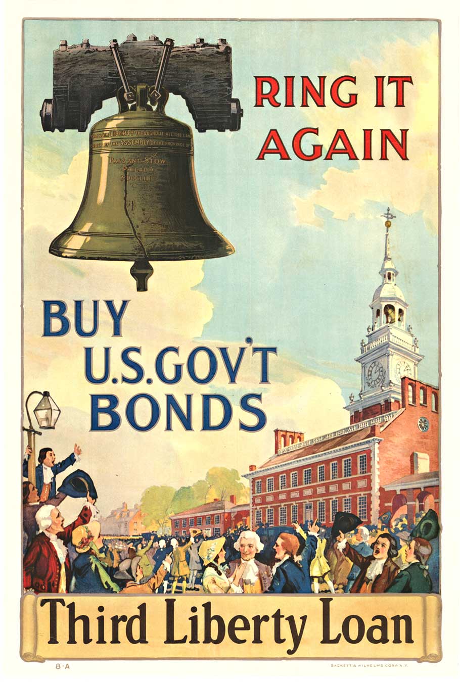 liberty bell, church, crowd, war poster, clouds, military poster, WW1