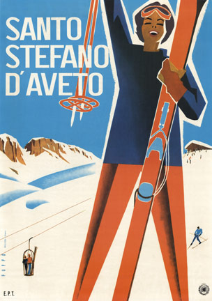 skiier, skiing, ski lift, man with skiis, Italian poster, original poster, vintage poster