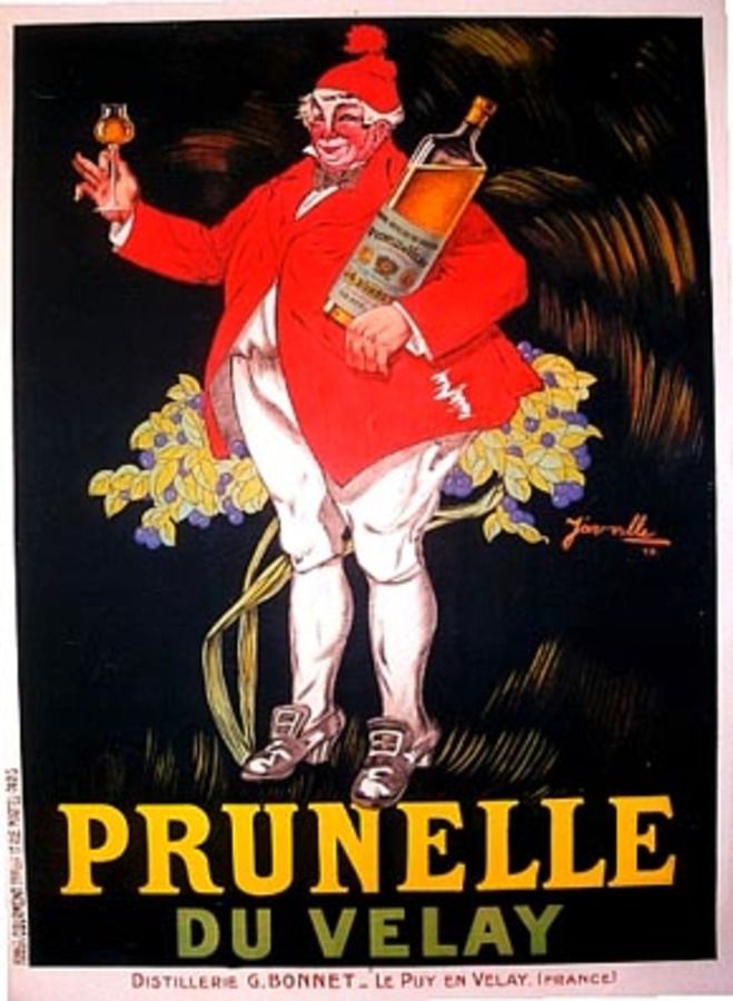 rosey cheeks, glass of Prunelle in one hand and a big bottle in the other hand. Leaves and fruist behind him. Stone lithograph with the linen trimmed to the edge of the poster.