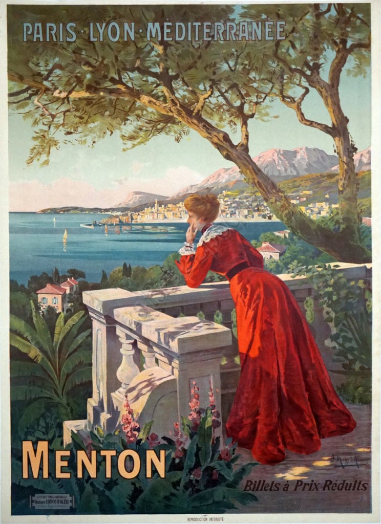 Original poster, French Poster, Menton France, travel poster, stone lithograph, antique poster, authentic vintage poster, city of Menton and ocean, lady in a red dress