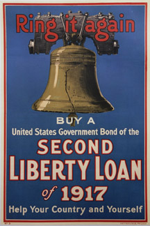 Ring It Again, Second Liberty Loan original WW1 antique psoter. Year: 1917. <br>Poster appeals to the traditional American values, freedom from foreign domination, a liberty that comes with the price of a bond. Victorious Colonists celebrating in Inde