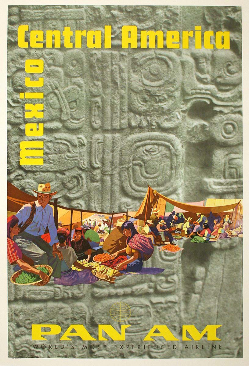 stone wall carving, ethnic people of central ameria, Pan Am travel poster, linen backed, fine condition.