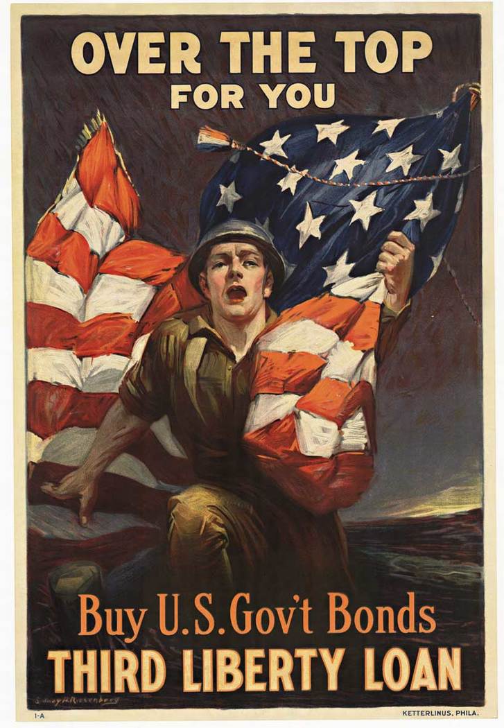 Over the Top for You; artist Sidney Riesdenberg, 1917, WW1 original antique lithograph poster. Very good condition. <br> <br>Original. Mounted on acid free archival linen. <br>In this poster, supporting the Third Liberty Loan, we see a youthful soldier l