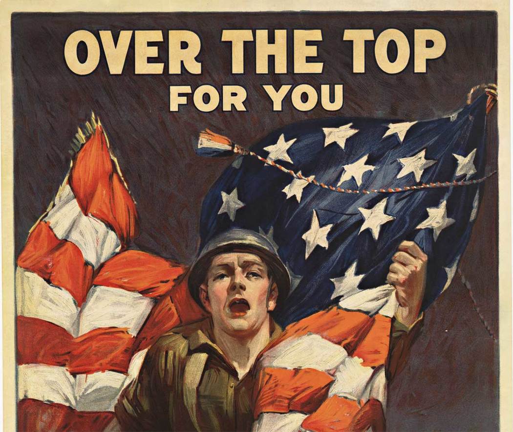 Over the Top for You; artist Sidney Riesdenberg, 1917, WW1 original antique lithograph poster. Very good condition. <br> <br>Original. Mounted on acid free archival linen. <br>In this poster, supporting the Third Liberty Loan, we see a youthful soldier l