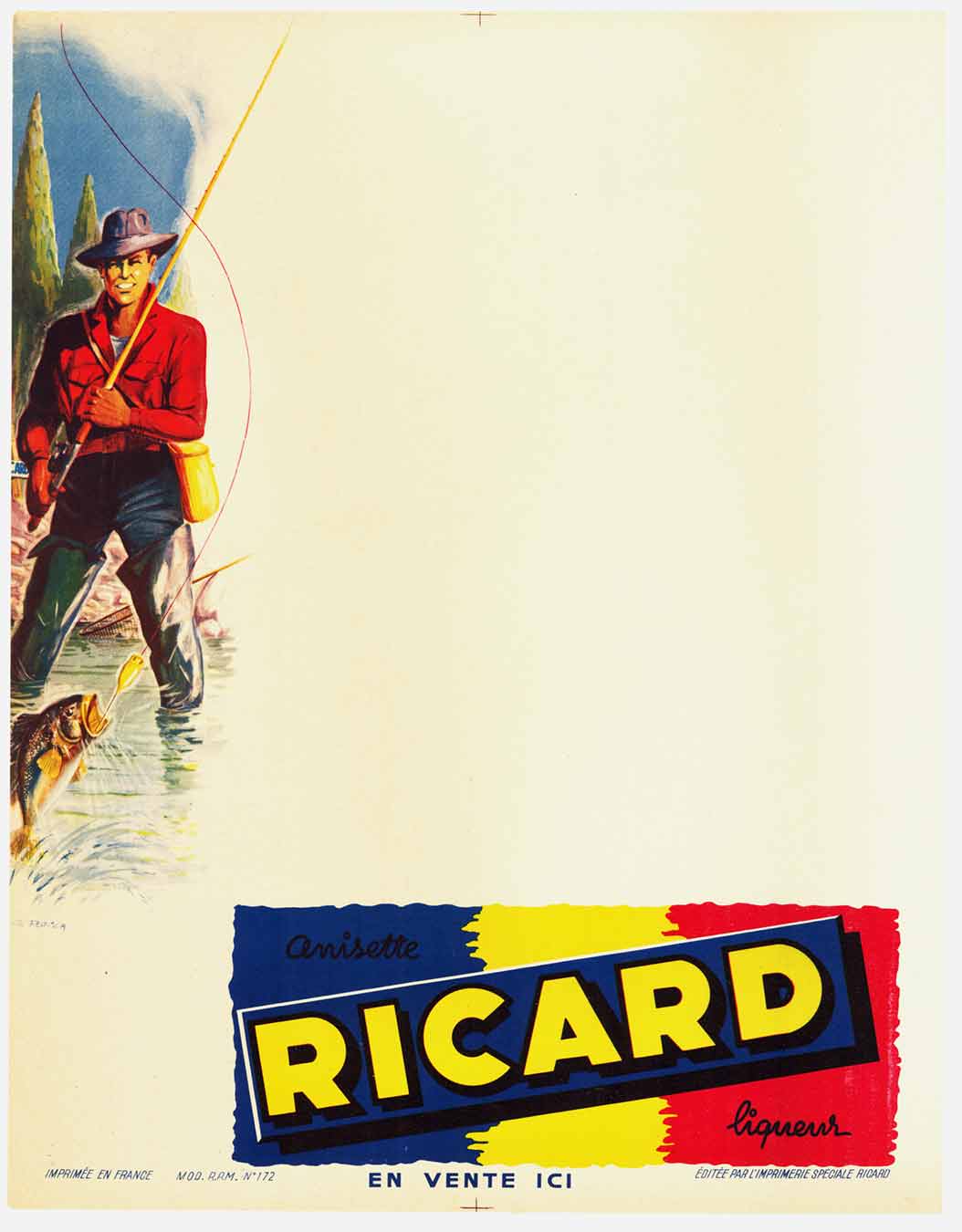 Ricard liqueur. This is a 'blank format' for Ricard liquor featuring a fisherman along the shore of a river or lake. The white area in the right side is where the text would appear for the store or location where you could purchase the Ricard for you