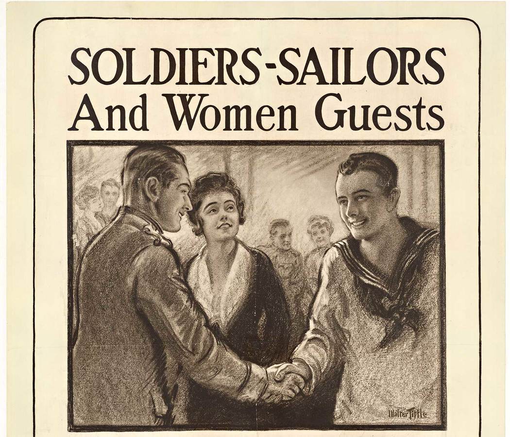 sepitone, man shacking hands of a sailor, lady in back ground. WW1 original poster, linen backed