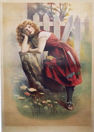 very old art nouveau poster, woman resting on a tree stump, picket fence, turn of the century, art nouvea, stone lithograph.