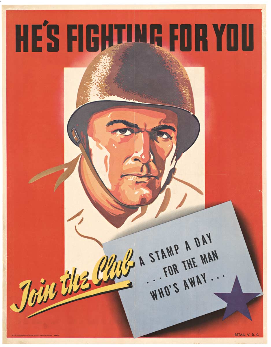world war II poster, linen backed soldier in helmet