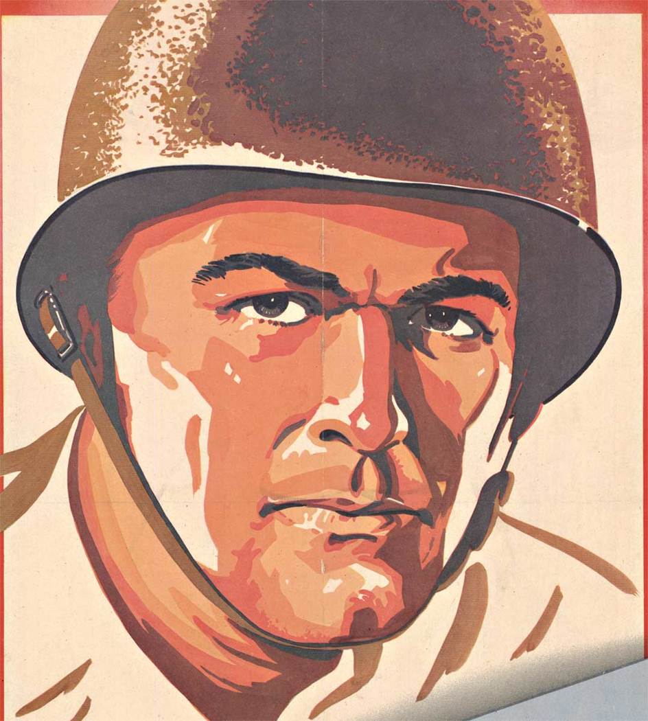 world war II poster, linen backed soldier in helmet