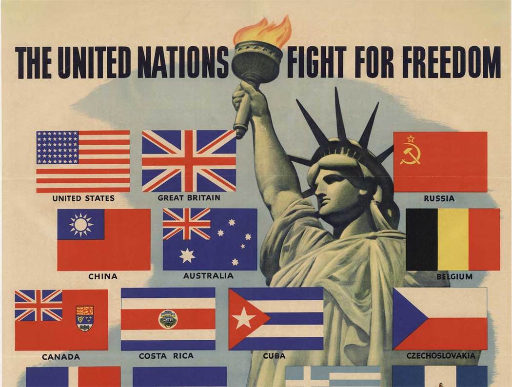 original WWII poster, flags, statue of liberty, linen backed, United Nations,