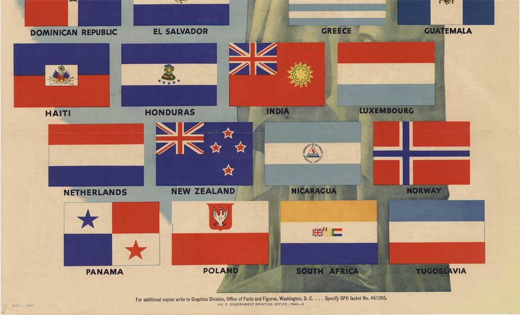 original WWII poster, flags, statue of liberty, linen backed, United Nations,