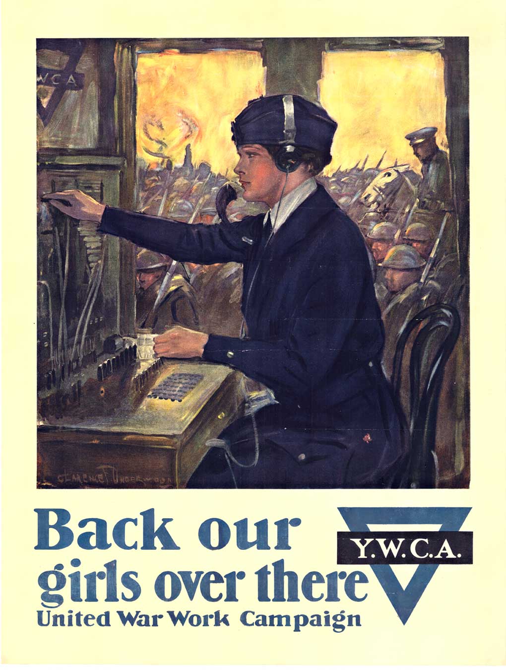 early woman telephone operator, soldiers in the window, war poster, original
