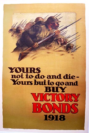 soliders with bayonets, war scene, victory bonds, World War 1, linen backed, original poster