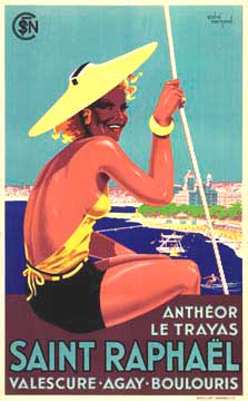 woman on edge of water, water skiier, pontoon, Saint Raphael city, linen backed, original poster very good condition.
