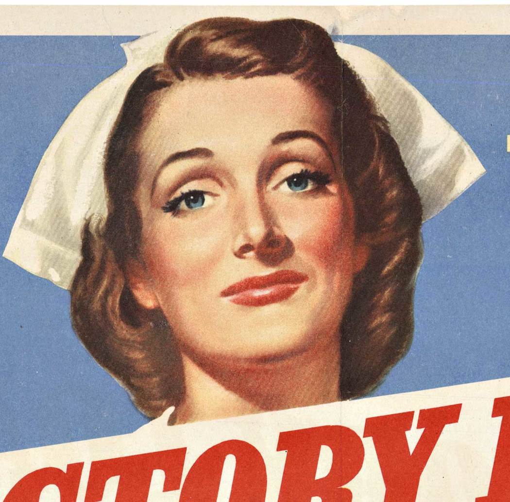  <br>Printed by the U. S. Government Printing Office: 1945-0-663587 <br> <br>The image of a nurse holding a banner reading “Victory Loan” on a roll of white gauze bandage wrap. You can see from her expression that she is sincerely asking for your assis
