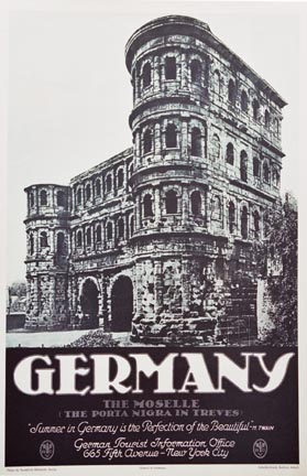 The Porta Nigra in Germany, old German poster, black and white, ancient building.