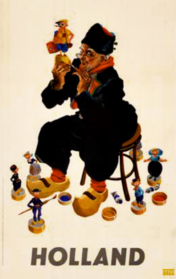 Holland (The Netherlands). The toymaker with all his wooden toys. Handcarved and hand painted in traditional style. <br>Archival linen backing. <br> <br>Size: 24.75" x 39". Year: c. 1960. Excellent condition original vintage European travel 