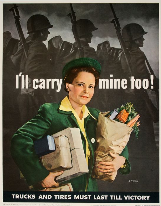 woman with groceries, background is military and soldiers, original poster, linen backed