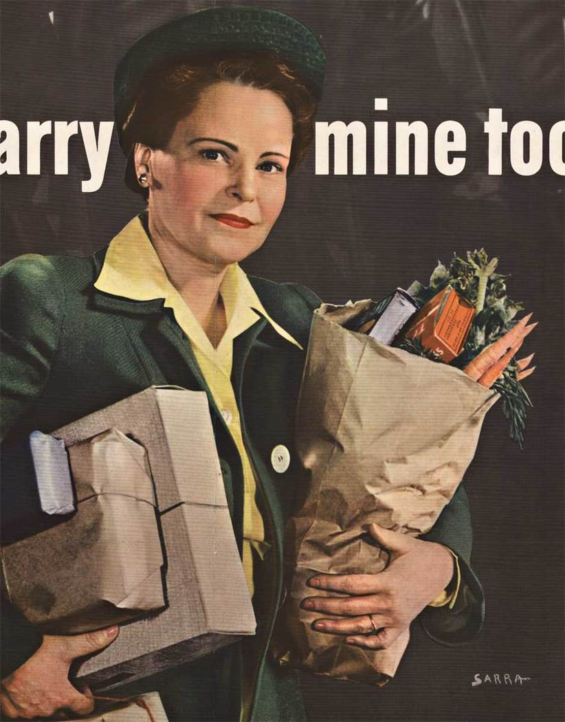 woman with groceries, background is military and soldiers, original poster, linen backed