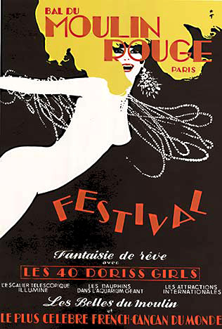 Moulin Rouge, cabaret, original poster, paris france, dancer, black red white yello, doriss girls, dancers, Rene Gruau, theater