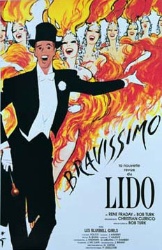 Cabaret poster, Lido, Paris France, cabaret dancers in background. Man in top hat up front. Linen backed, original poster.