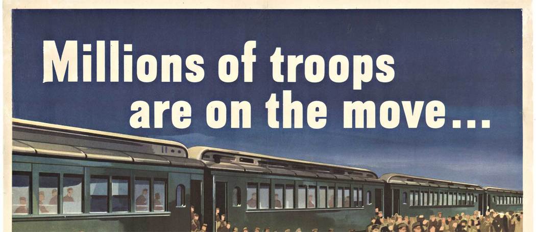 Is Your Trip Necessary? Original American military poster: Millions of troops are on the move... Is YOUR trip necessary. A fun image with a serious note attached. During the war, civilians were discouraged from guzzling gasoline and wearing out their t