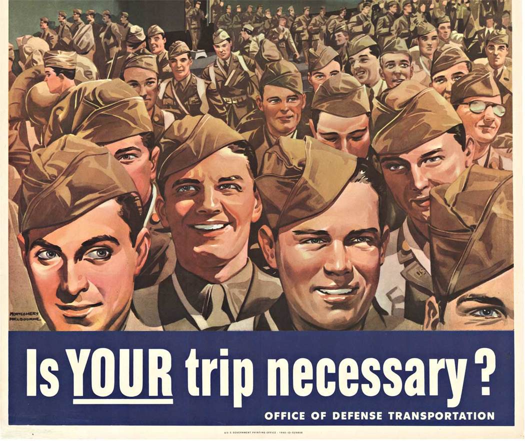Is Your Trip Necessary? Original American military poster: Millions of troops are on the move... Is YOUR trip necessary. A fun image with a serious note attached. During the war, civilians were discouraged from guzzling gasoline and wearing out their t