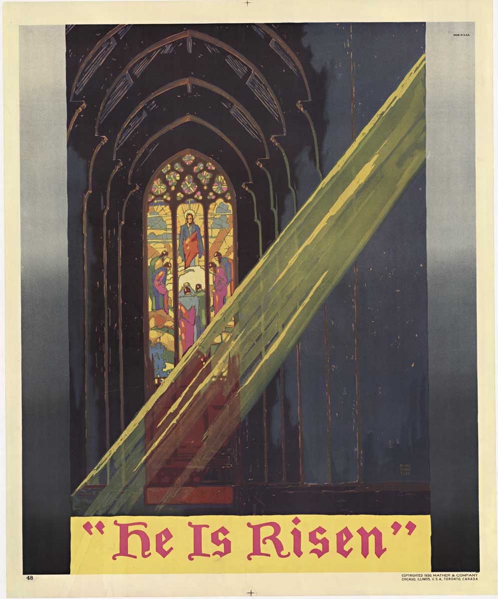 inside a church, sstain glass window, work iincentive poster, linen backed, great condition, rare poster. This is the last Mather & Company incentive poster, only 1 printed in 1930.