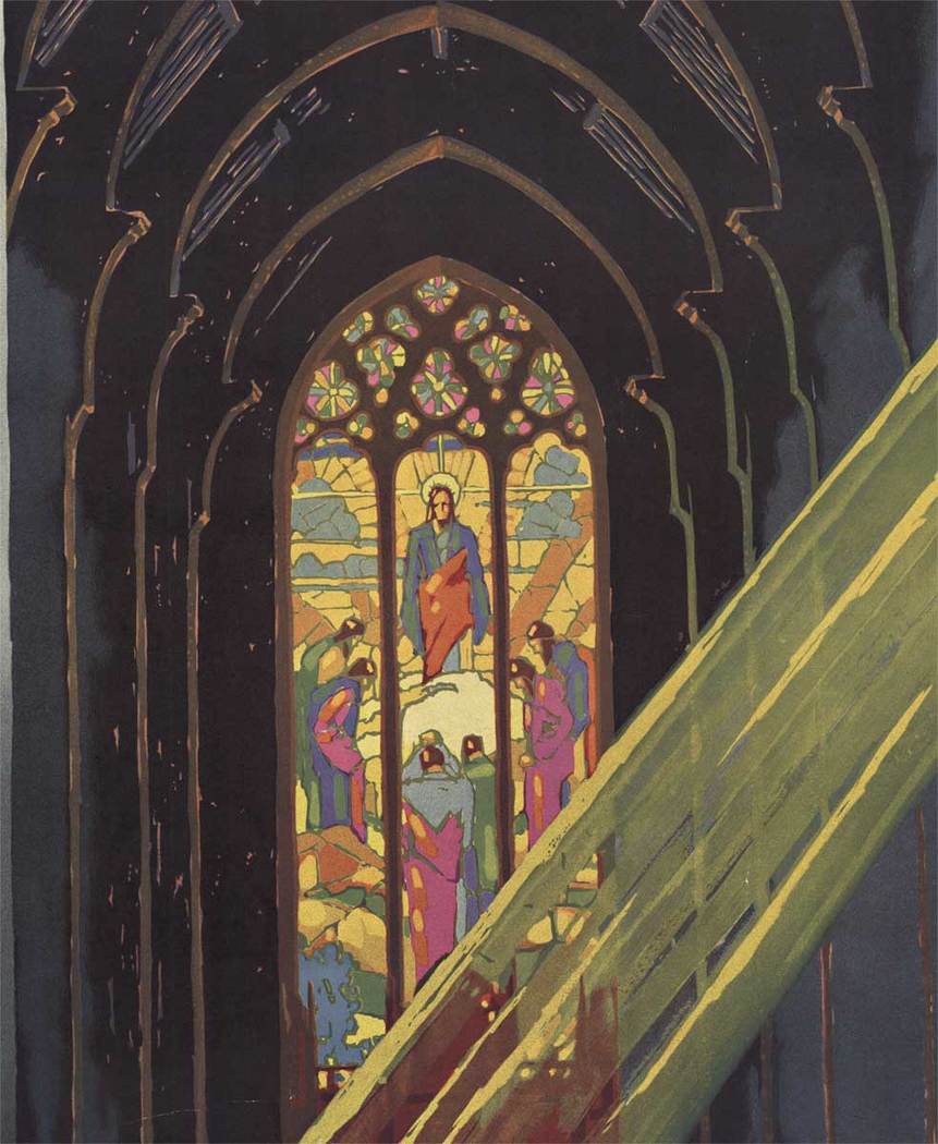 inside a church, sstain glass window, work iincentive poster, linen backed, great condition, rare poster. This is the last Mather & Company incentive poster, only 1 printed in 1930.
