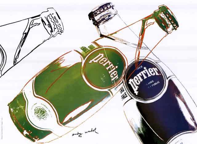 Original Andy Warhol Poster, Perrier, 1983, horizontal format. <br>Warhol shows three Perrier bottles that create the illusion of them floating in air. The pure design reflects the simplicity of the product. Extremely fine mint condition.