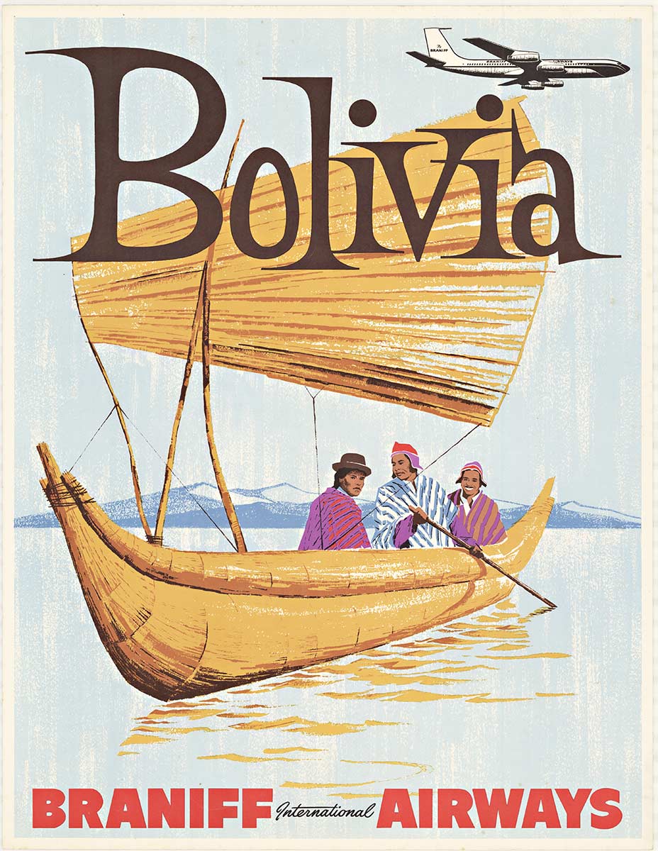 Original Bolivia vintage travel poster. Braniff Airways vintage travel poster. Size 20 x 26" Not linen backed, Braniff printed their travel posters in a small size; but also on a heavier paper stock as well.