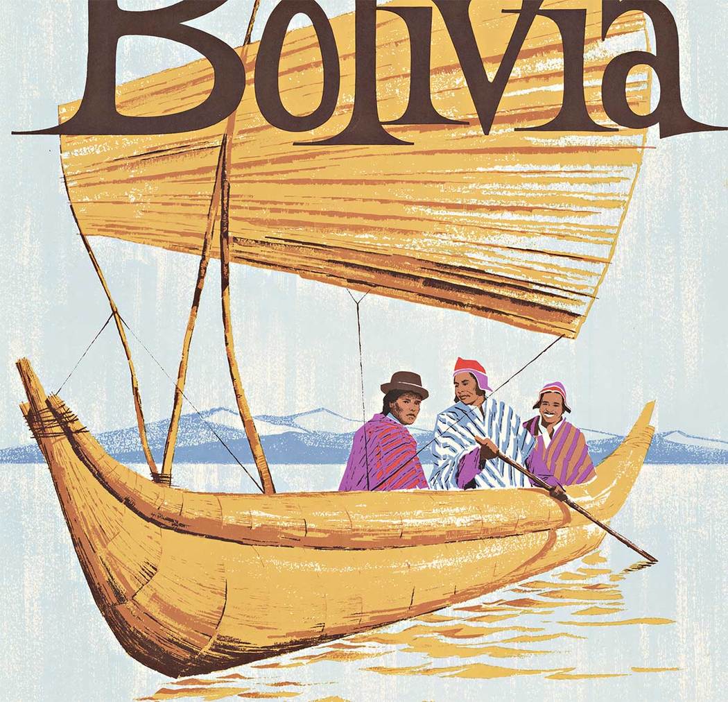 Original Bolivia vintage travel poster. Braniff Airways vintage travel poster. Size 20 x 26" Not linen backed, Braniff printed their travel posters in a small size; but also on a heavier paper stock as well.
