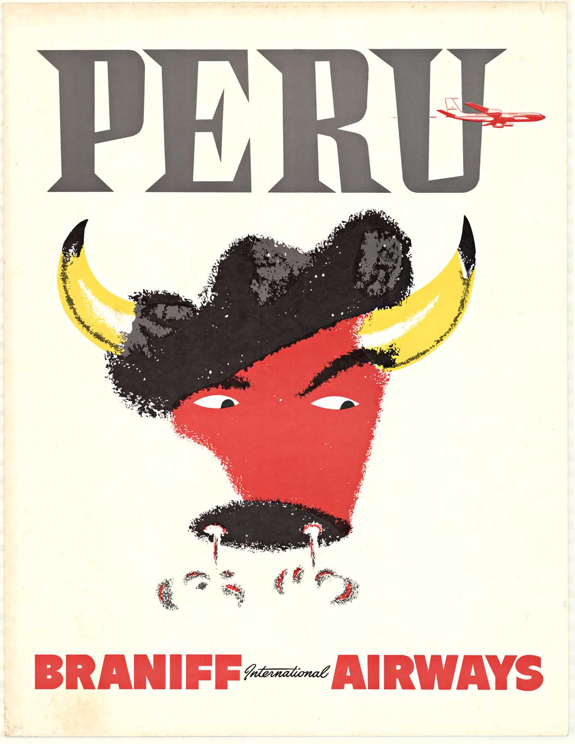 Original travel poster: Braniff International Airways, Peru Bull. Size 20" x 26" B+ condition. <br> <br>See how the bull snorts! And why shouldn't he? He's got the matador's hat so he must've won the fight. This poster was printed on a heavy stock pap