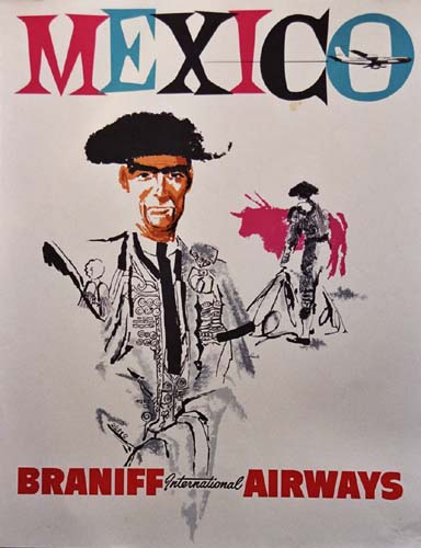 Original Braniff Airways MEXICO vintage poster. This poster features the matidor in the forground and another matidor in the background next to a bull. Foxing in the paper. Not linen backed