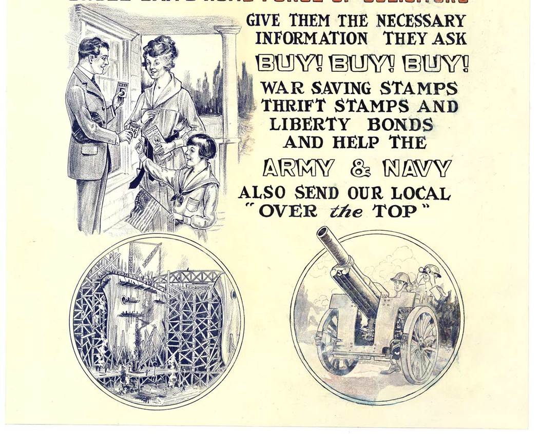 Original World War 1 <br>Museum linen backed. / Restored <br>Thrift Stamps <br>War Savings Stamps <br>& Liberty Bonds <br>Uncles Sam's Home Force of Solicitors <br>Give them the necessary information they ask. <br>BUY! BUY! BUY! <br>War savings stamps 