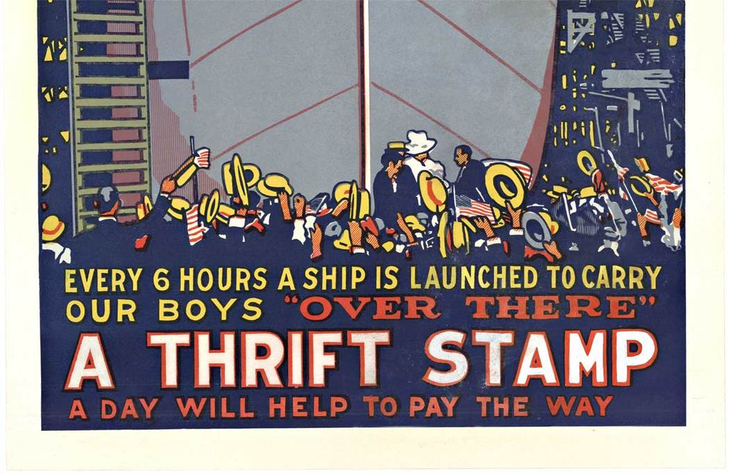 Linen backed. A Thrift Stamp a Day will help to Pay the way. Original WW1 poster. The massive hull of another Liberty Ship separates jubilant shipyard workers crowded around its bow railing from onlookers celebrating below. <br> <br>Every 6 hours a s