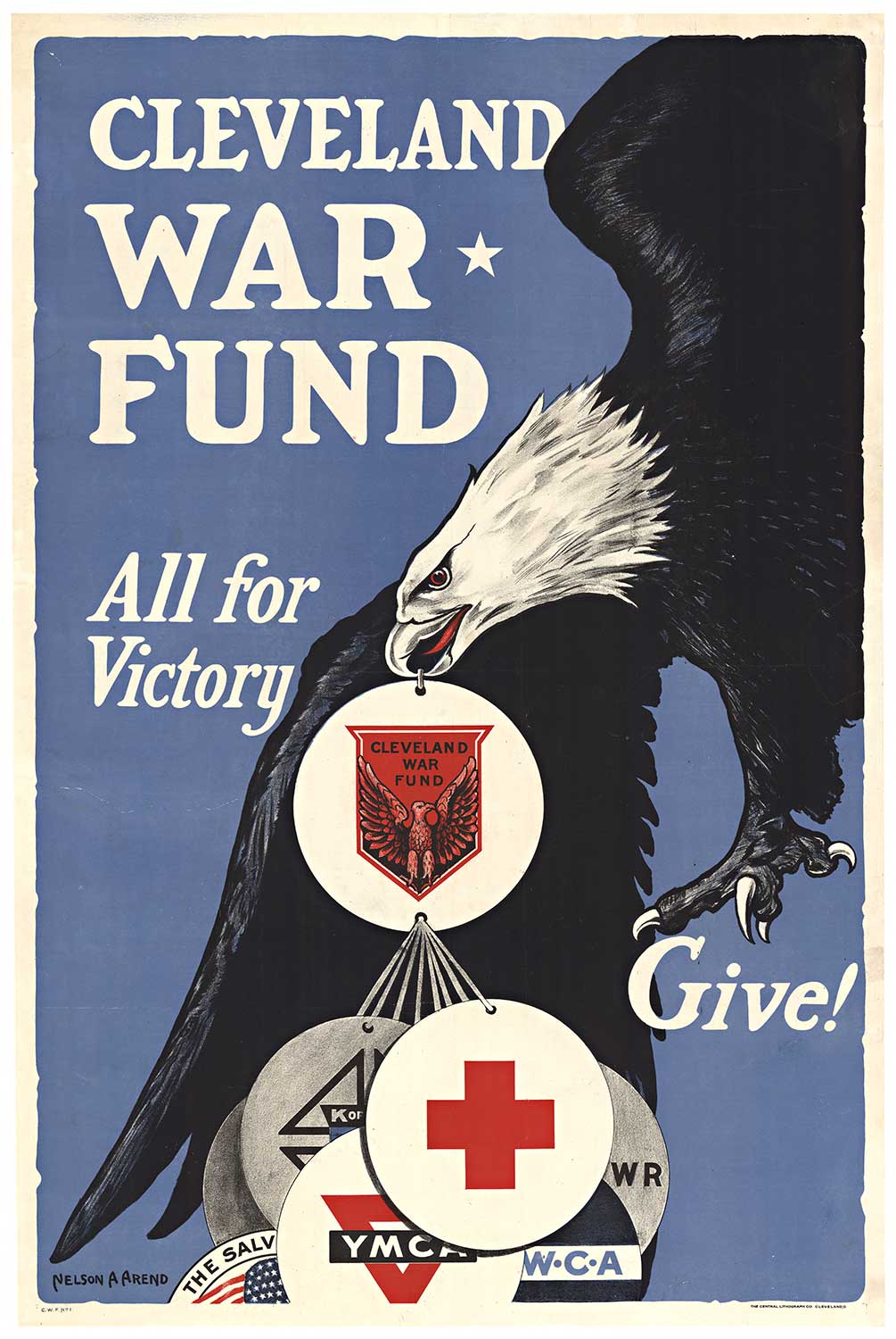 war fund poster, WWI, original, linen backed, eagle, badges, victory, badges, original poster