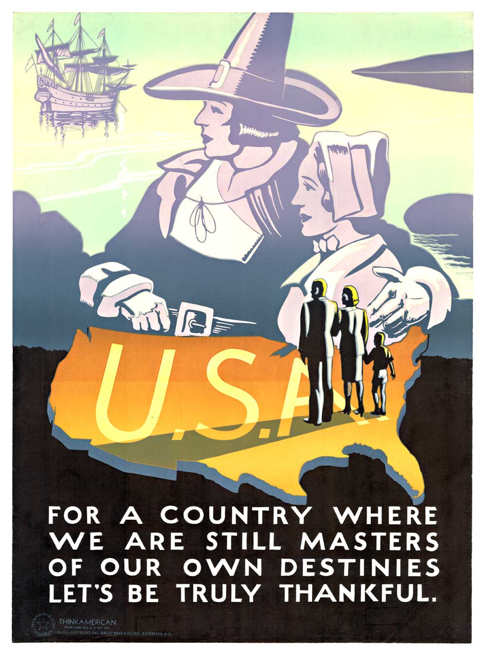 Pilgrims, outline of the USA, ship, linen backed, original poster