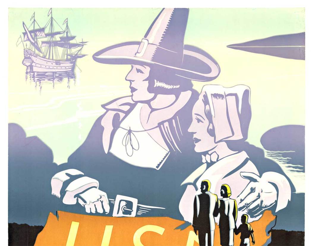 Pilgrims, outline of the USA, ship, linen backed, original poster